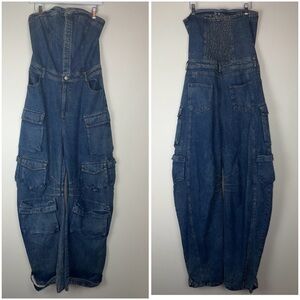 NICHOLE LYNEL Denim Cargo Barrel Leg Baggy Jumpsuit size Large